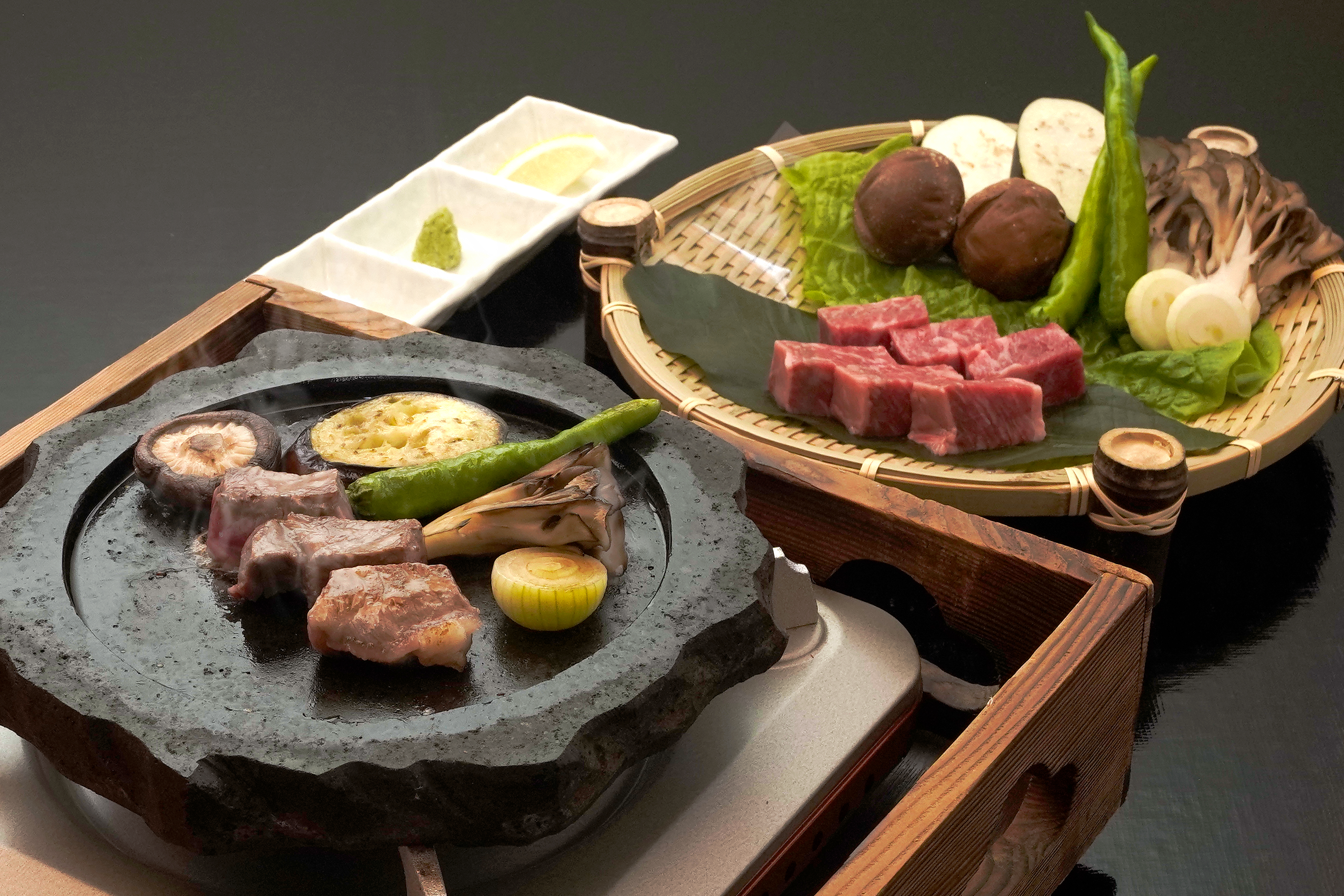 【馳走の極み】選べるメイン料理 国産牛の溶岩焼きor金目鯛のしゃぶしゃぶ